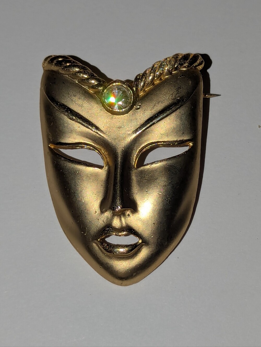 Vtg Mask Tragedy Comedy AB Crystal Gold Tone Brooch